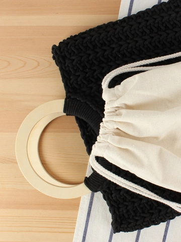 Baumwollseil Gewebte Handtasche Mit Runden Holzgriffen Kordelzug Canvas Innentasche Böhmische Strand Urlaub Tote Damen