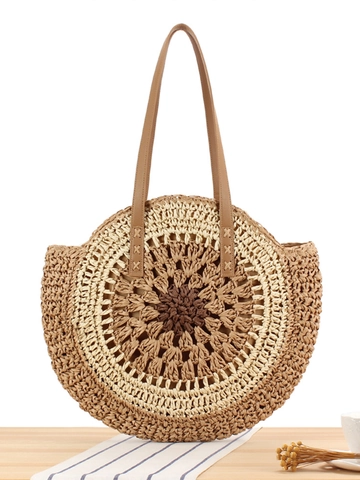 Borsa A Spalla Intrecciata Rotonda Fatta A Mano Corda Di Carta Paglia Spiaggia Vacanze Grande Tote Motivo Mandala Cinghie Ecopelle