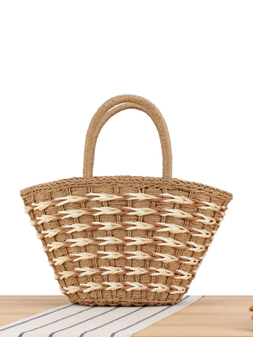 Borsa A Mano Intrecciata Da Donna Corda Di Carta Grande Capacità Chiusura A Cerniera Spiaggia Vacanze Quotidiana Casual Minimalista