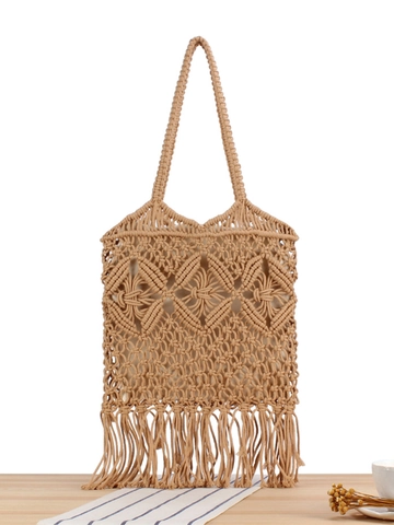 Sac À Épaule Tissé En Corde De Coton Macramé À Franges Style Bohème Plage Vacances Tote Pour Femmes Élégant
