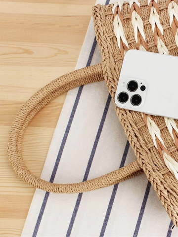 Borsa A Mano Tessuta Corda Di Carta Tracolla Estate Spiaggia Vacanze Tote Manico Tondo Tracolla Rimovibile Stile Semplice Per Donne