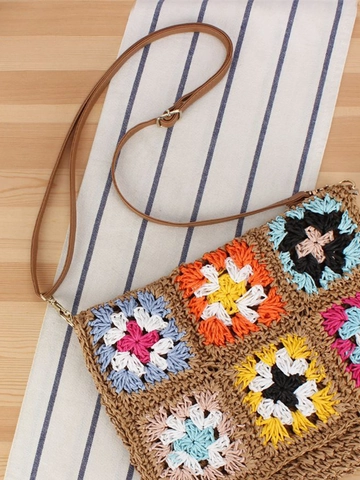 Handgefertigte Häkel Umhängetasche Gewebtes Papierseil Blumen Granny Square Boho Vintage Klappentasche Für Damen