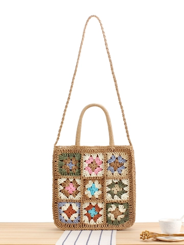 Häkel-Einkaufstasche Handgewebtes Papierseil Granny Square Patchwork Boho Sommer Strand Umhängetasche Damen Vintage-Stil