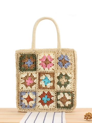 Häkel-Einkaufstasche Handgewebtes Papierseil Granny Square Patchwork Boho Sommer Strand Umhängetasche Damen Vintage-Stil