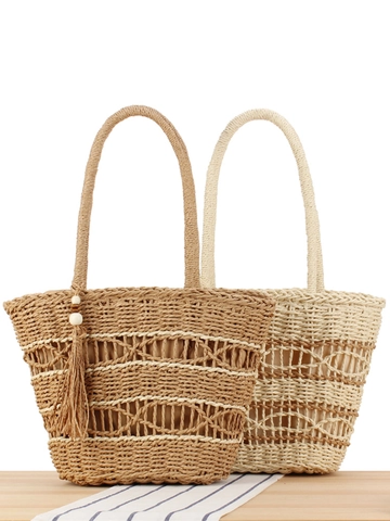 Handgefertigte Stroh Gewebte Tragetasche Papierseil Hohles Design Große Kapazität Strandurlaub Schultertasche Mit Quaste Für Damen