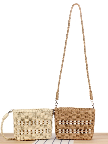 Hand Woven Paper Rope Crossbody Bag With Artificial Pearl Decor Summer Beach Casual Rectangular Shoulder Bag For Women