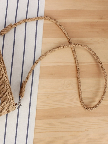 Hand Woven Paper Rope Crossbody Bag With Artificial Pearl Decor Summer Beach Casual Rectangular Shoulder Bag For Women