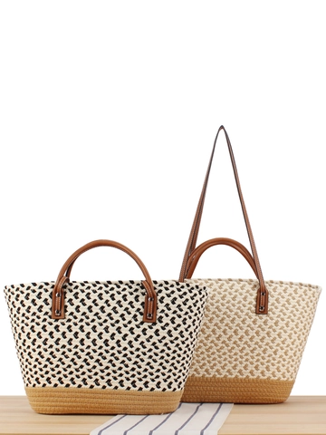 Borsa Tote Bohémien In Corda Di Cotone Intrecciata A Mano Grande Capacità Mare Vacanze Spalla Cinturini In Pelle Casual