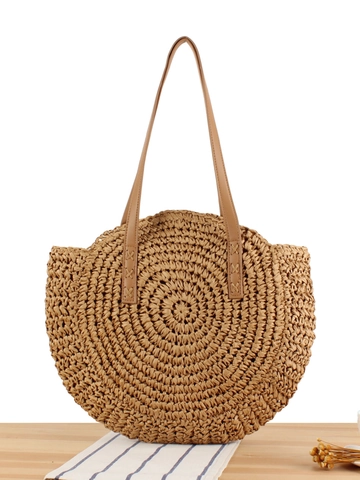 Runde Gewebte Umhängetasche Aus Papierseil Stroh Strandtasche Mit Lederriemen Sommerurlaub Lässig Für Frauen
