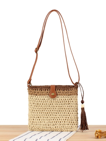 Borsa Tracolla Paglia Intrecciata Mano Patchwork Corda Carta Borsa Spalla Con Nappa Tracolla Regolabile Spiaggia Donne