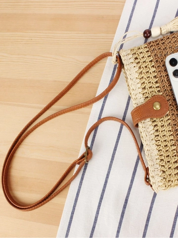 Borsa Tracolla Paglia Intrecciata Mano Patchwork Corda Carta Borsa Spalla Con Nappa Tracolla Regolabile Spiaggia Donne