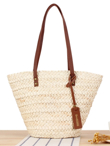 Geflochtene Stroh Tragetasche Maiskolben Material Große Kapazität Sommer Strand Urlaub Schulterhandtasche Damen Minimalistisch