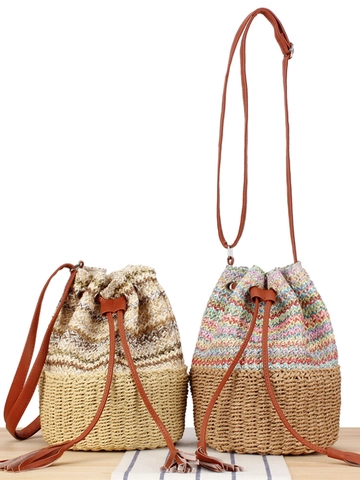 Borsa A Secchiello Intrecciata In Paglia Di Carta Da Donna Motivo A Onde Coulisse Nappa Tracolla Regolabile Estate Vacanze Al Mare Casual