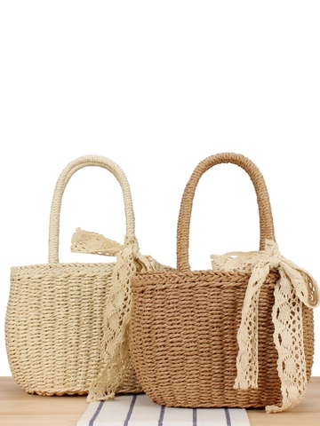 Gewebte Handtasche Papierschnur Mit Spitzenband Schleife Urlaub Strand Lässiger Stil Für Damen