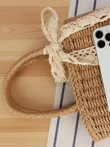 Gewebte Handtasche Papierschnur Mit Spitzenband Schleife Urlaub Strand Lässiger Stil Für Damen