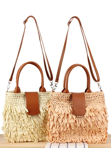 Böhmische Quasten Gewebte Umhängetasche Papierschnur Stroh Crossbody Mit PU Lederriemen Sommer Strand Urlaub Ethno Stil
