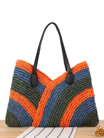 Borsa Tote Intrecciata In Corda Di Carta Fatta A Mano Da Donna Righe Patchwork Colorate Borsa A Spalla Da Spiaggia Estiva Con Cinturini In Ecopelle