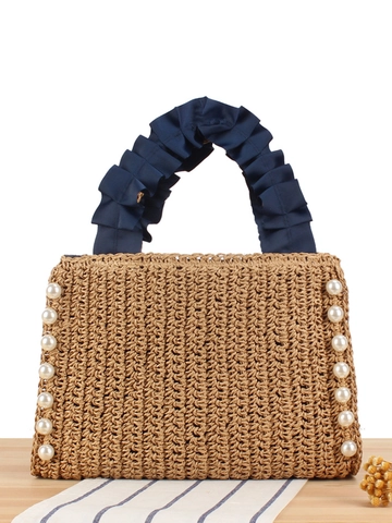 Handmade Paper String Woven Tote Bag With Faux Artificial Pearl Decor And Ruffled Satin Handle Summer Beach Vacation Style For Women