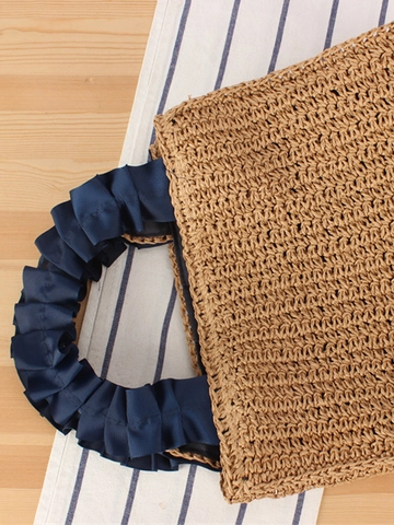 Handmade Paper String Woven Tote Bag With Faux Artificial Pearl Decor And Ruffled Satin Handle Summer Beach Vacation Style For Women