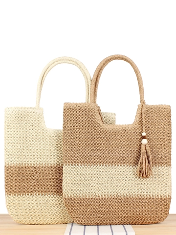 Bolso de Mano Grande Tejido para Mujer Cuerda de Papel Paja Bolso de Hombro Playa Con Borla Estilo Bohemio Vacaciones Rayas de Contraste