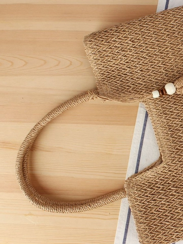 Bolso de Mano Grande Tejido para Mujer Cuerda de Papel Paja Bolso de Hombro Playa Con Borla Estilo Bohemio Vacaciones Rayas de Contraste