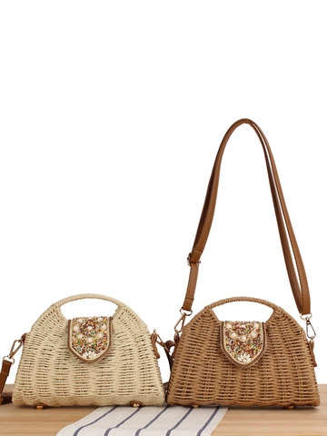 Gewebte Papierseil Umhängetasche Mit Perlenklappe Muscheldekor Boho Stil Sommerurlaub Handtasche Für Damen