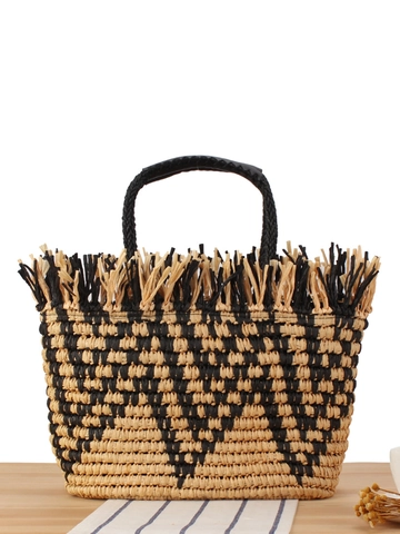 Borsa Tote Intrecciata Bohemien Corda Di Carta Frange Nappa Vacanze Mare Estate Motivo Geometrico Borsa A Mano Cerniera