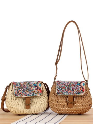 Bolso Bandolera Bohemio Tejido A Mano Cuerda De Papel Bordado Cuentas Coloridas Estilo Étnico Vintage Mujer
