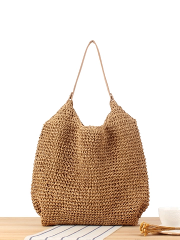 Bolso De Hombro Tejido A Mano Con Cuerda De Papel Gran Capacidad Bolso De Playa De Verano Con Correa De Cuero PU Cierre Magnético