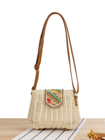 Borsa Tracolla Intrecciata Donna Corda Carta Patta Colorata Ricamo Bohemien Vacanze Piccola Borsa Con Tracolla In PU