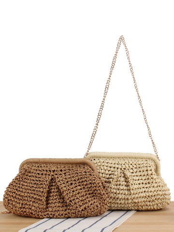 Borsa A Spalla In Paglia Intrecciata Da Donna Pochette A Nuvola Plissettata Con Catena In Metallo Per Vacanza