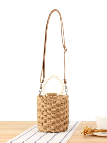 Handgefertigte Gewebte Beuteltasche Damen Papierseil Holzperlengriff Rund Kordelzug Umhängetasche Boho Sommerurlaub