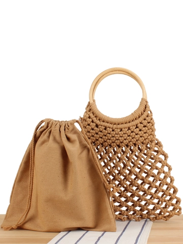 Handgewebte Handtasche Baumwollseil Netzbeutel Mit Holzgriff Und Innenfutter Boho Strandtasche Für Damen