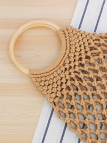 Handgewebte Handtasche Baumwollseil Netzbeutel Mit Holzgriff Und Innenfutter Boho Strandtasche Für Damen