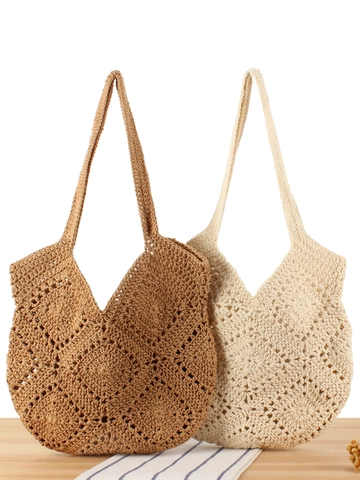 Sac Fourre-Tout Au Crochet Coton Tissé Corde Grande Capacité Ajouré Sac À Épaule Plage Vacances Boho Style Pour Femmes