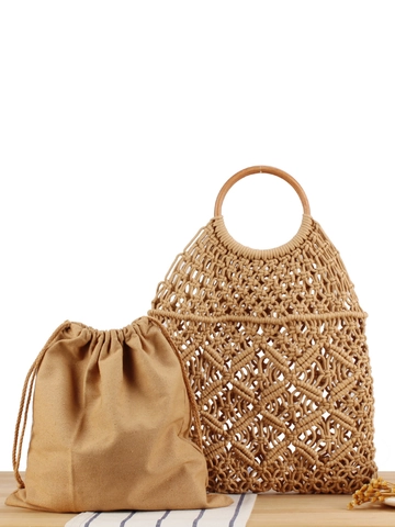 Bolso De Mano De Macramé Hecho A Mano De Cuerda De Algodón Con Asas Redondas De Madera Y Bolsa Interior Con Cordón Bohemio