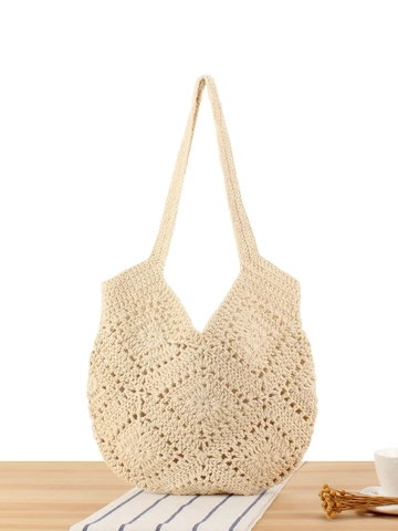 Sac Fourre-Tout Au Crochet Coton Tissé Corde Grande Capacité Ajouré Sac À Épaule Plage Vacances Boho Style Pour Femmes