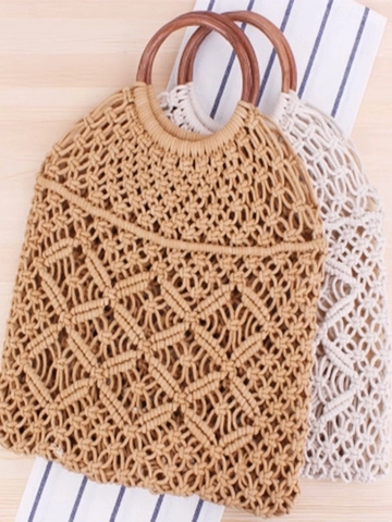 Bolso De Mano De Macramé Hecho A Mano De Cuerda De Algodón Con Asas Redondas De Madera Y Bolsa Interior Con Cordón Bohemio