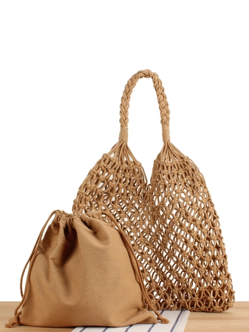 Hand-Woven Cotton Rope Shoulder Bag With Canvas Inner Pouch Hollow Out Boho Beach Tote For Women Casual Vacation