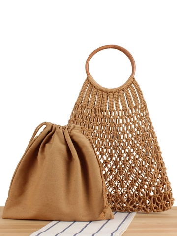 Bolso De Mano Tejido De Cuerda De Algodón Hecho A Mano Con Asas De Ratán Y Bolsa Interior De Tela Playa Bohemia