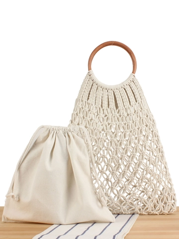 Bolso De Mano Tejido De Cuerda De Algodón Hecho A Mano Con Asas De Ratán Y Bolsa Interior De Tela Playa Bohemia