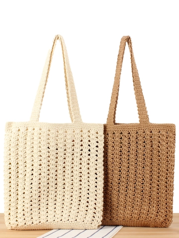 Dames Gehaakte Tote Bag Handgemaakte Katoenen Touw Hol Geweven Schoudertas Casual Strand Vakantie Handtas