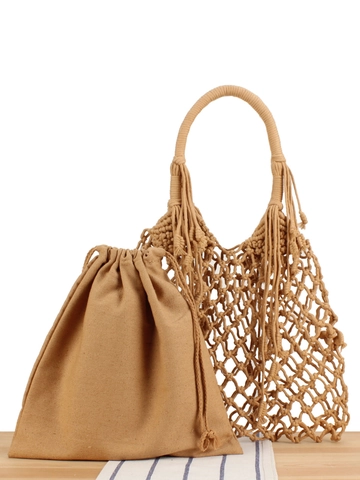 Handgefertigte Baumwollseil Gewebte Handtasche Strandtasche Mit Innenfutter Quasten Fransen Boho Sommer Urlaub