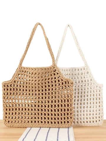 Woven Cotton Rope Handbag Hollow Out Crochet Net Tote Bag Casual Beach Vacation Shoulder Bag For Women