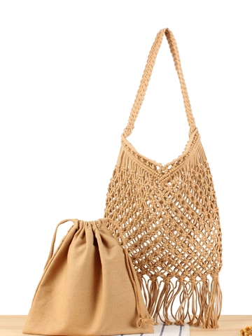 Bolso De Hombro Tejido A Mano Algodón Bohemio Macramé Flecos Bolso De Playa Con Bolsa Interior Con Cordón Para Mujeres