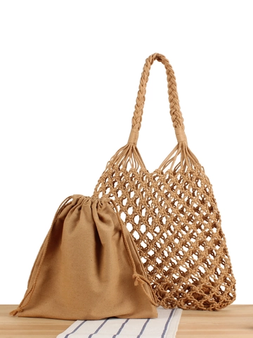 Bolso De Hombro De Cuerda De Algodón Tejido A Mano Mujer Bolso De Malla Hueca Con Bolsa Interior De Lona Playa Vacaciones Bohemia