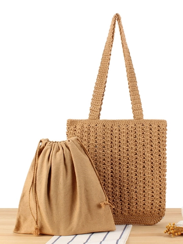 Cotton Rope Crochet Woven Tote Bag Handmade Hollow Out Summer Beach Casual Shoulder Handbag With Inner Pouch