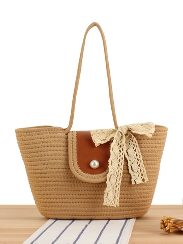 Bolso Tote De Cuerda De Algodón Tejido Con Lazo De Encaje Perla Artificial Solapa De Cuero Bolso De Mano De Gran Capacidad Para Vacaciones En La Playa