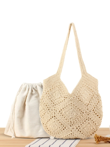 Crochet Tote Bag Cotton Rope Hand-Knit Hollow Out Summer Beach Shoulder Bag With Drawstring Pouch For Women