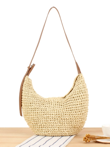 Damen Gewebte Papierseil Hobo Tasche Handgefertigte Halbmond Schultertasche Mit Verstellbarem PU Leder Riemen Lässig Sommer Strand